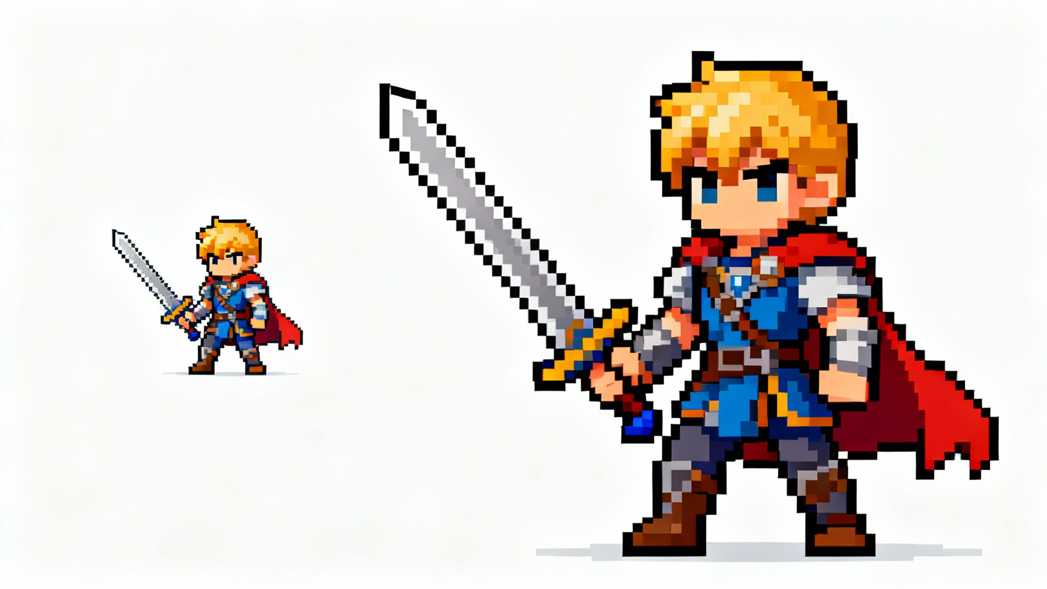 A pixel art sprite of a fantasy hero shown in two sizes: a small version on the left and a perfectly upscaled, larger, and sharp version on the right, demonstrating a sprite resize effect.