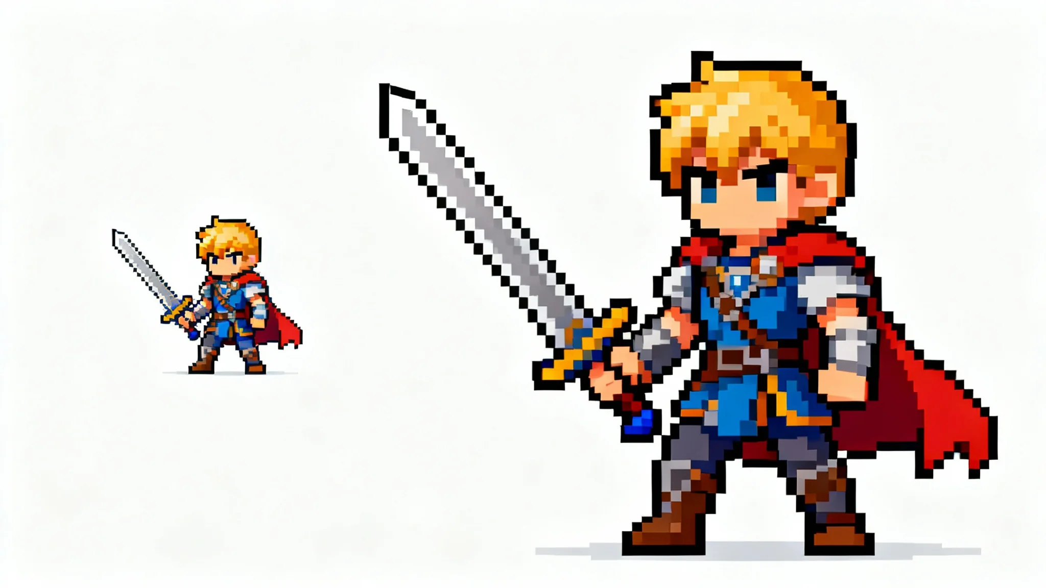 A pixel art sprite of a fantasy hero shown in two sizes: a small version on the left and a perfectly upscaled, larger, and sharp version on the right, demonstrating a sprite resize effect.