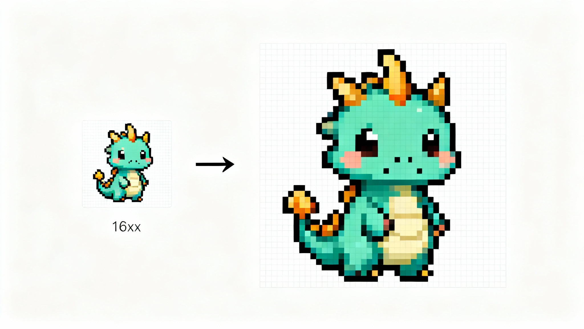 A before-and-after image showing a small pixel art dragon on the left and a perfectly upscaled, large, and sharp version of the same dragon on the right, illustrating a high-quality sprite resize.