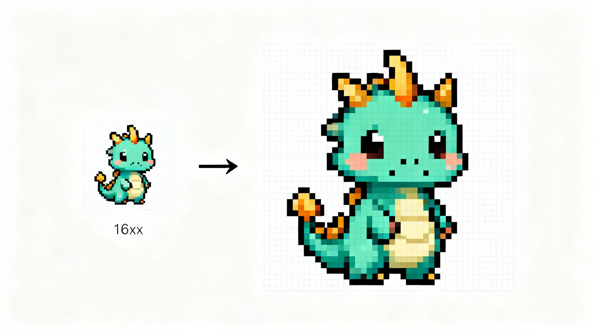 A before-and-after image showing a small pixel art dragon on the left and a perfectly upscaled, large, and sharp version of the same dragon on the right, illustrating a high-quality sprite resize.
