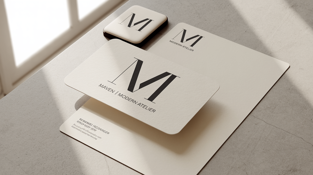 A professional mockup of a branding set, including a business card and letterhead, featuring a minimal single-line art logo of the letter 'M'.