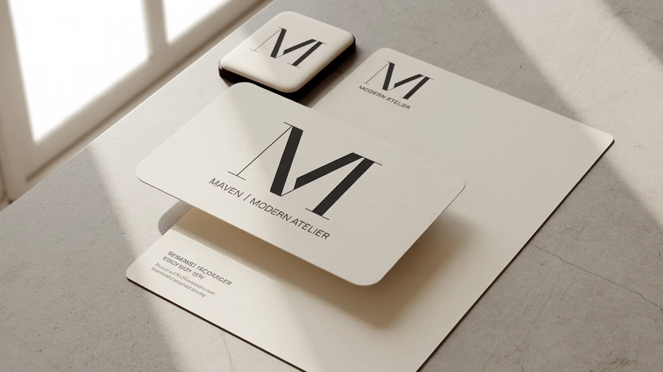 A professional mockup of a branding set, including a business card and letterhead, featuring a minimal single-line art logo of the letter 'M'.