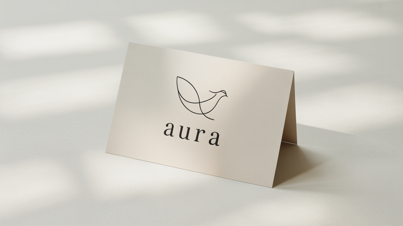 A minimal line art logo of a bird in flight, with the brand name 'AURA', mocked up on a thick, off-white paper card against a plain white background.