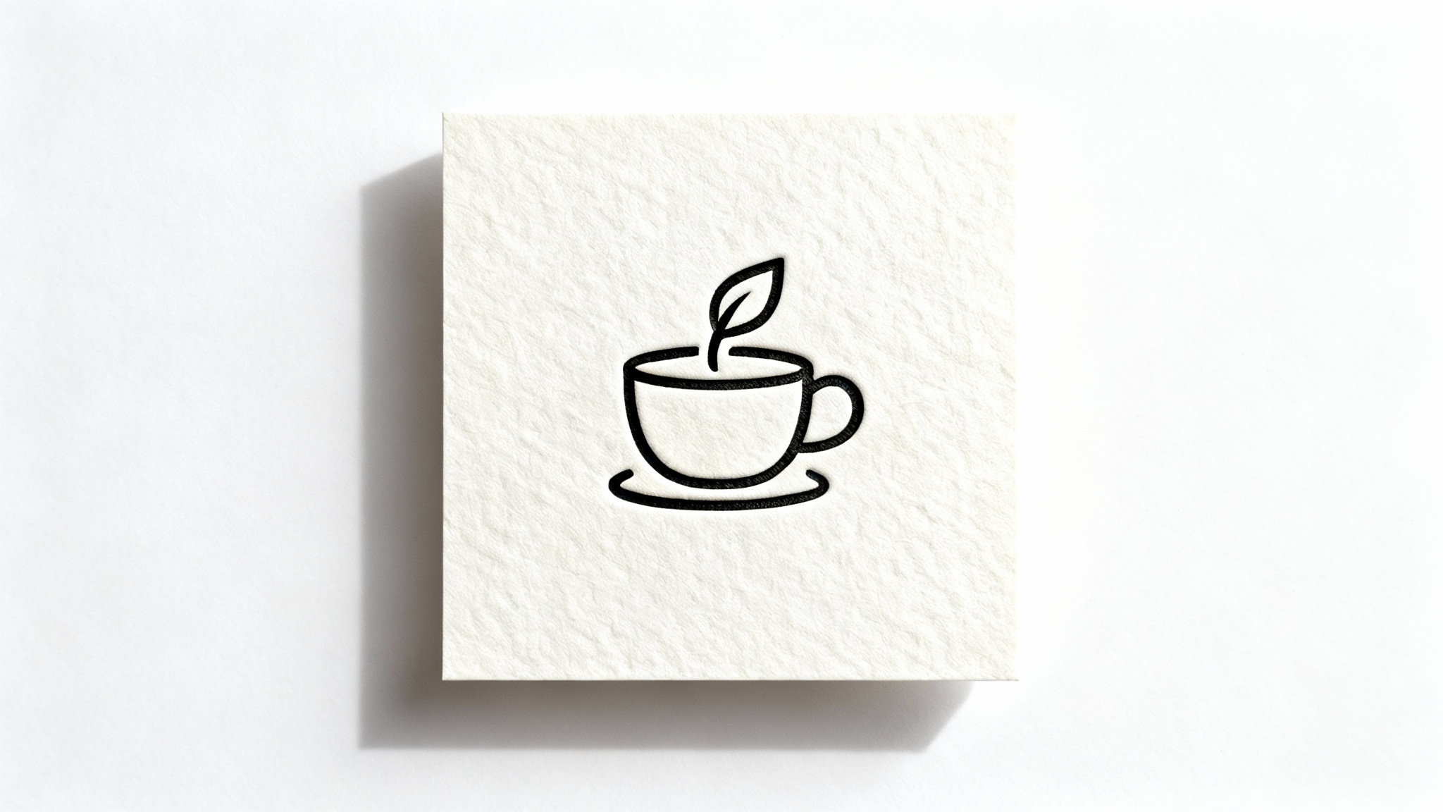 A minimalist mockup of a line art logo featuring a coffee cup and a leaf embossed on a piece of textured, off-white cardstock, set against a plain white background.