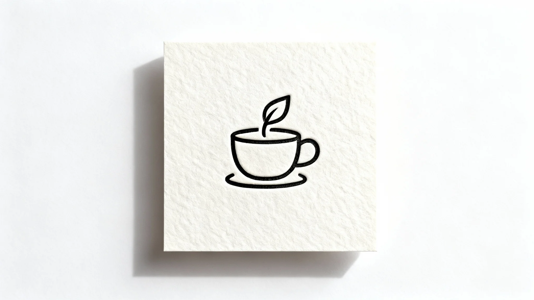 A minimalist mockup of a line art logo featuring a coffee cup and a leaf embossed on a piece of textured, off-white cardstock, set against a plain white background.