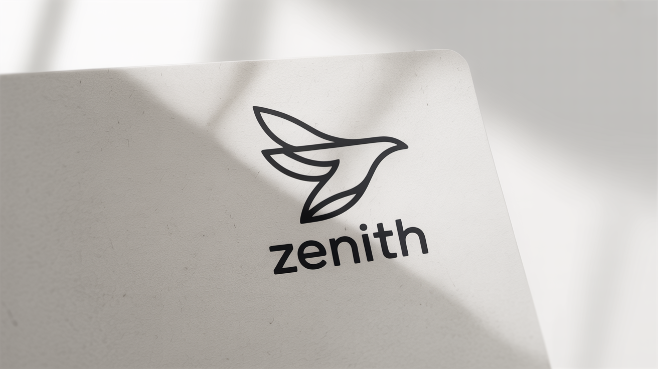 A minimal line art logo mockup on a white background. The logo shows a stylized mountain and bird, with the word 'ZENITH' written below in a modern font.