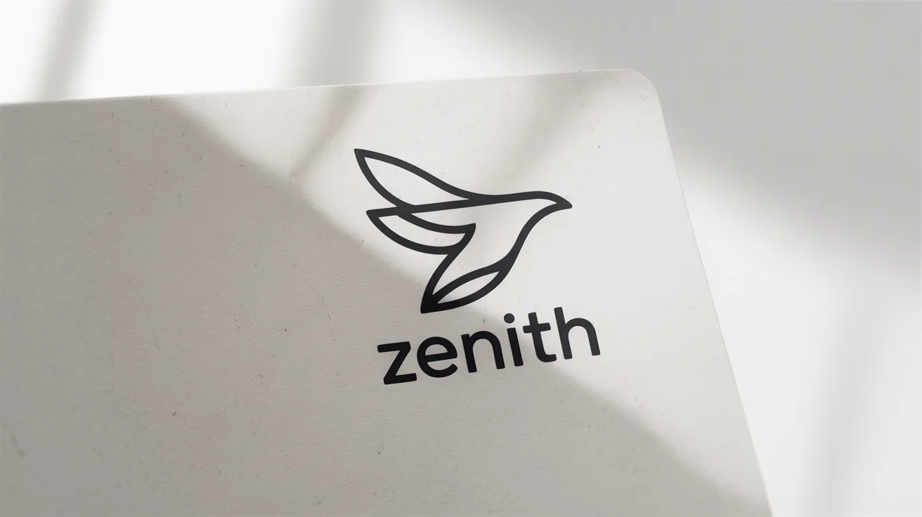 A minimal line art logo mockup on a white background. The logo shows a stylized mountain and bird, with the word 'ZENITH' written below in a modern font.