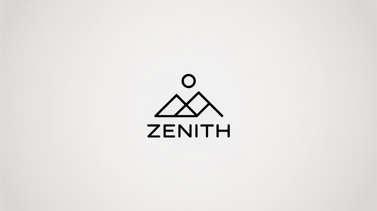 A minimal black line art logo of a mountain range with a sun above it, with the word 'Zenith' underneath, all on a clean white background.
