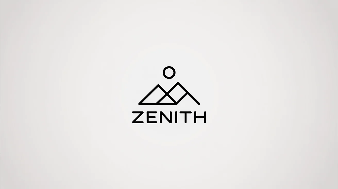 A minimal black line art logo of a mountain range with a sun above it, with the word 'Zenith' underneath, all on a clean white background.