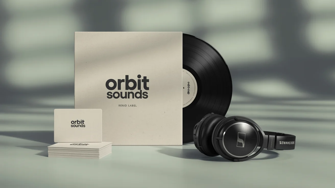 A professionally designed brand mockup for a record label named 'ORBIT SOUNDS', showing a vinyl record sleeve and business cards with a modern logo.
