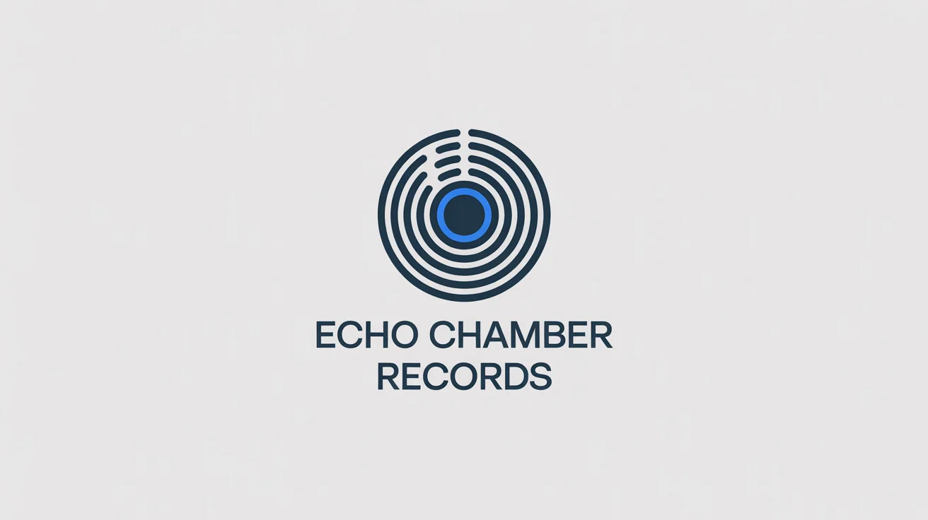 A modern logo for 'Echo Chamber Records' featuring concentric circles in navy and electric blue, representing sound waves. The text is in a sleek sans-serif font below the icon, all on a clean white background.