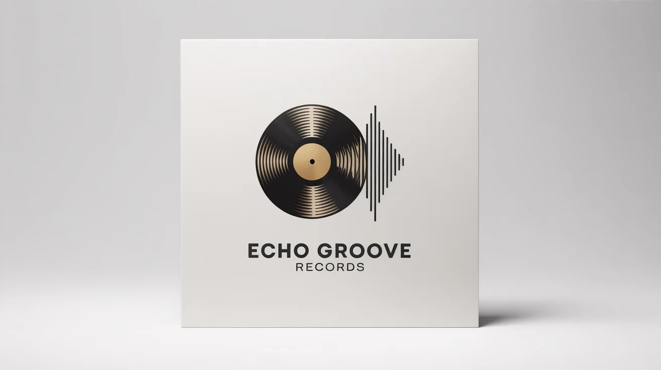 A professional and modern logo for a fictional record label called 'Echo Groove Records', featuring a black and gold abstract design of a vinyl record with sound waves, on a clean white background.