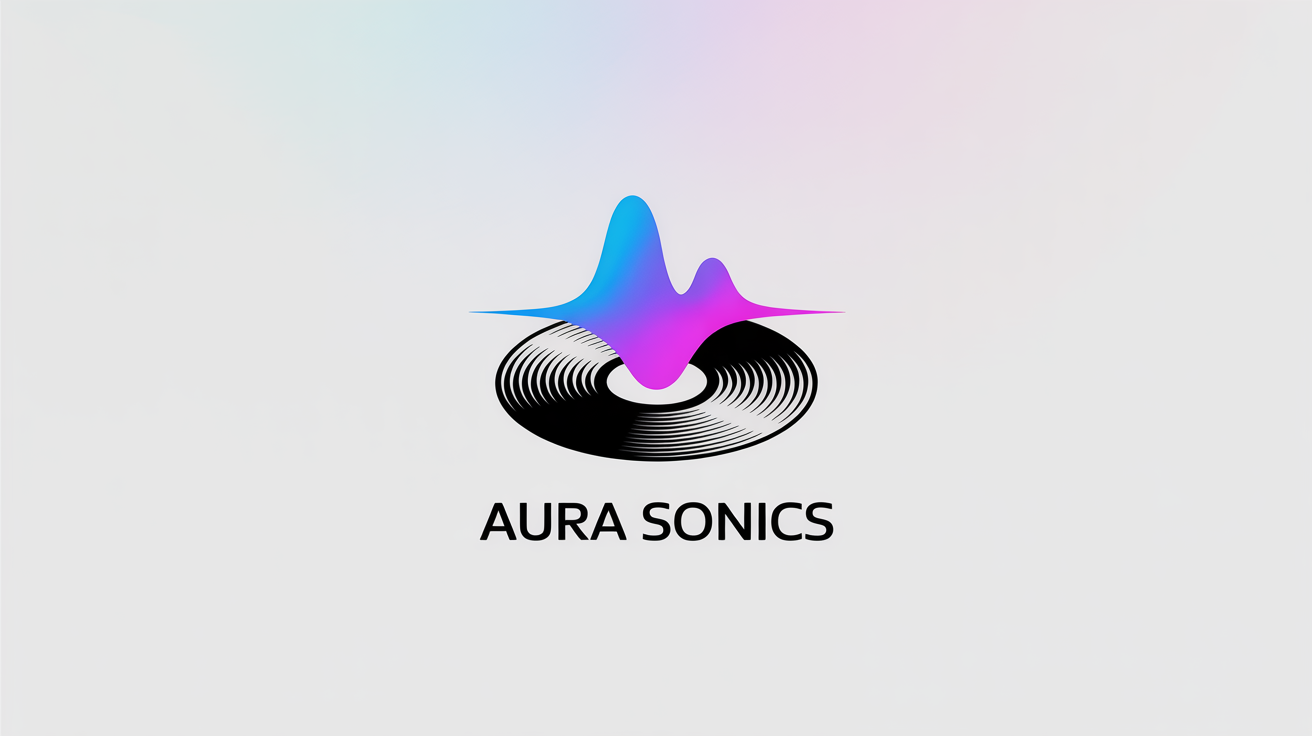 A modern, minimalist logo for a record label named 'Aura Sonics', featuring a black vinyl record with a colorful blue and magenta soundwave emanating from its center, set against a white background.