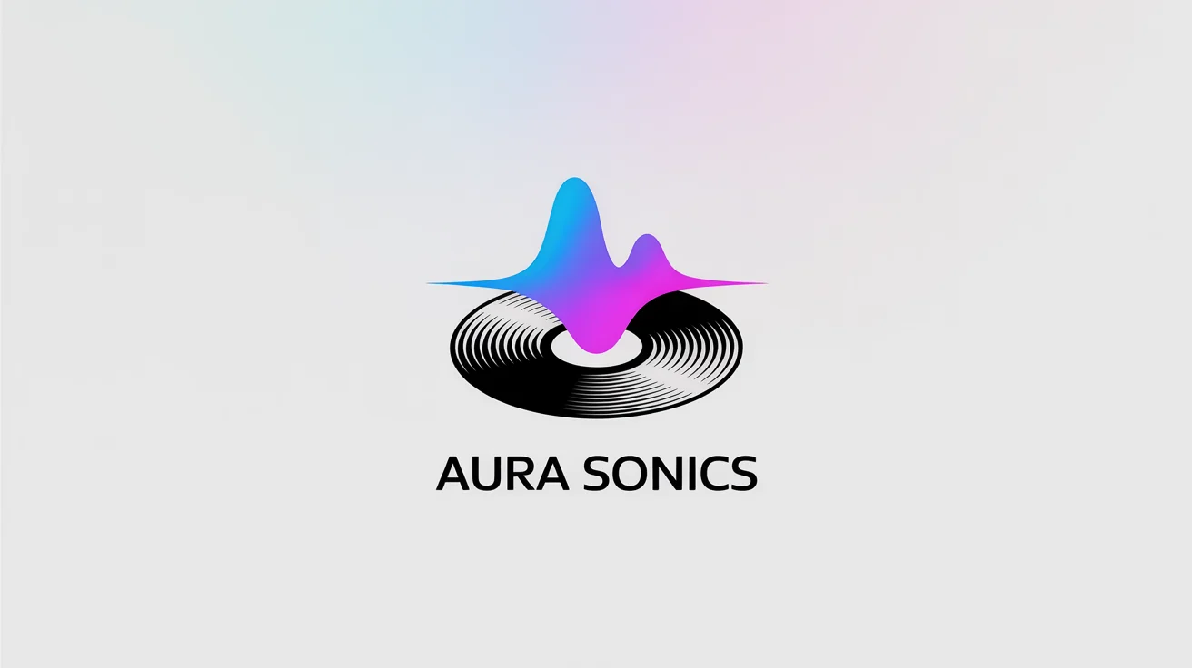 A modern, minimalist logo for a record label named 'Aura Sonics', featuring a black vinyl record with a colorful blue and magenta soundwave emanating from its center, set against a white background.
