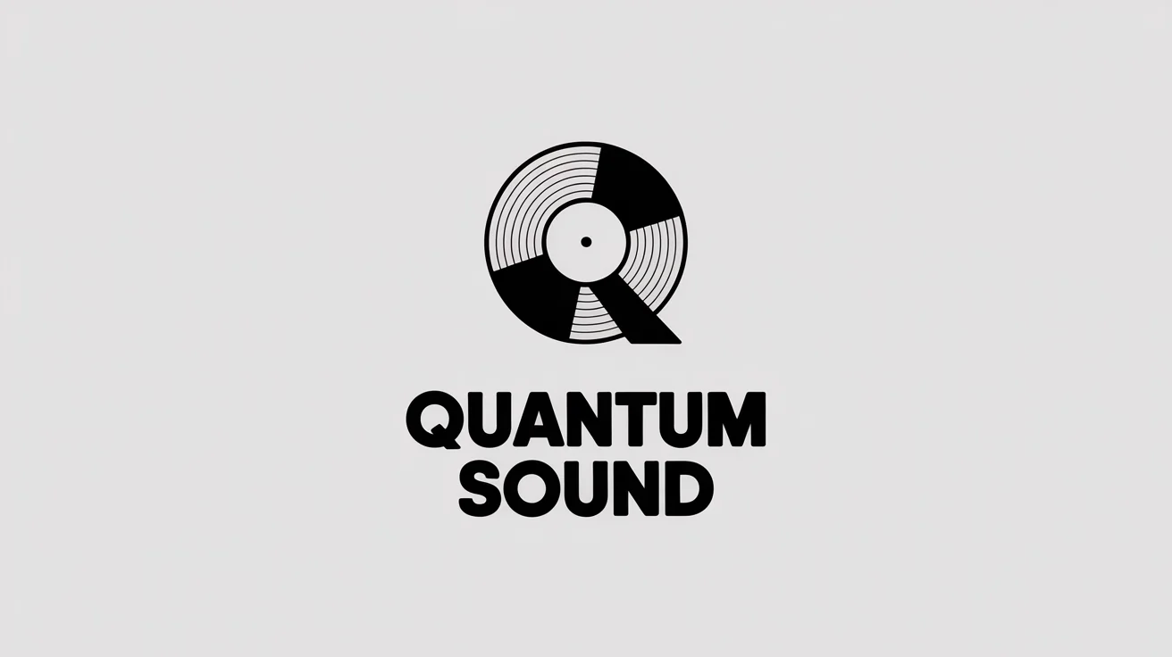 A professional black and white logo for a record label named 'Quantum Sound', featuring a stylized Q resembling a vinyl record, on a plain white background.