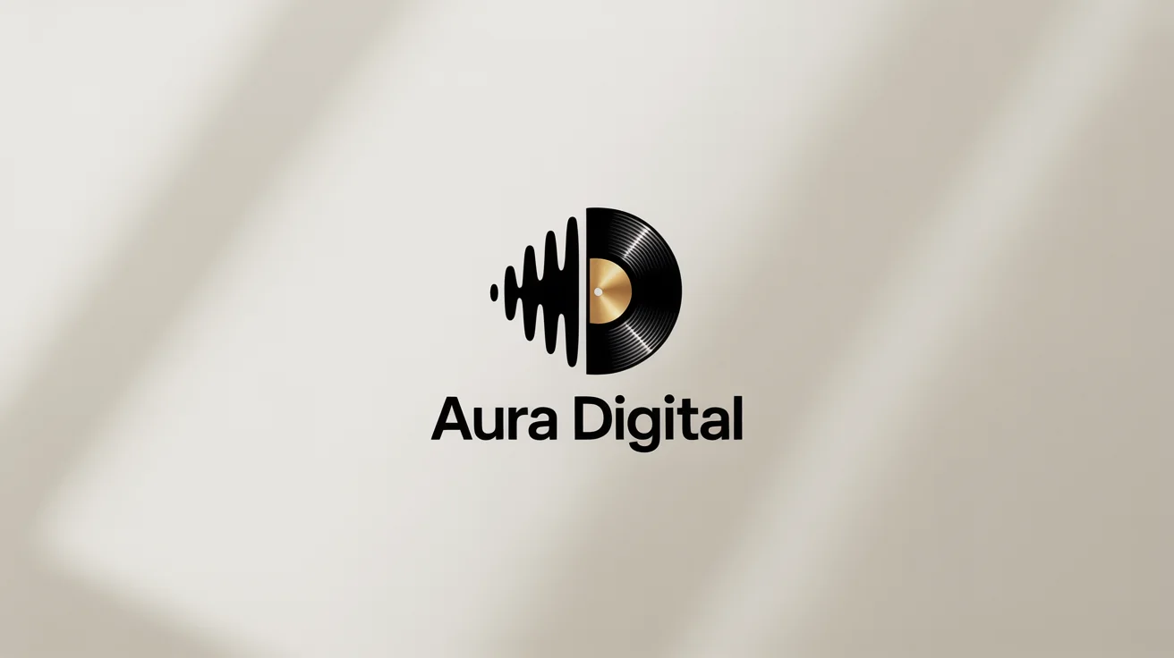 A professional logo for a record label named 'Aura Digital', featuring a minimalist black and gold icon of a sound wave combined with a vinyl record, presented on a white background.