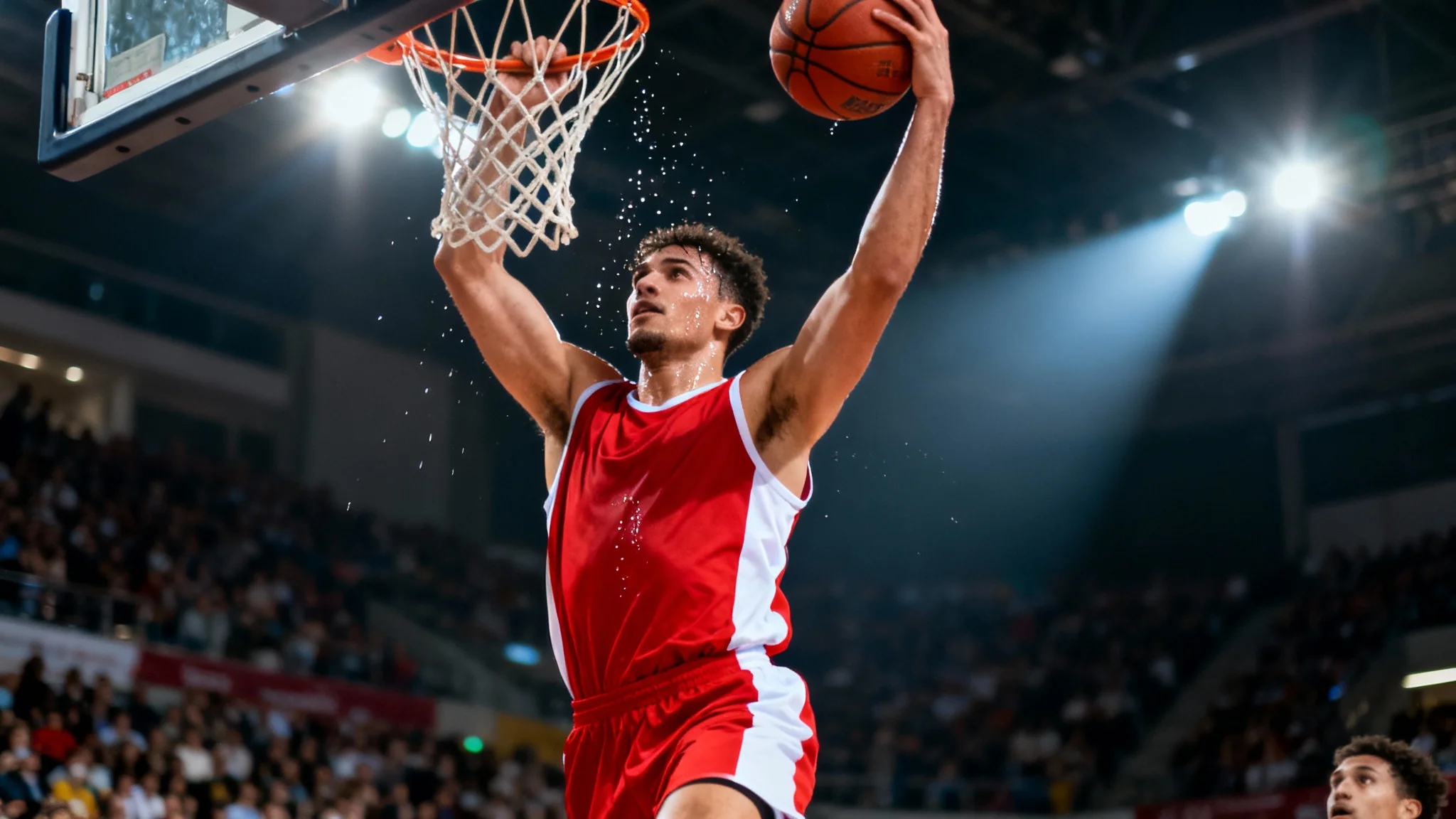 A dramatic, eye-catching action photo of a basketball player in a red and white jersey, frozen in mid-air as he powerfully dunks the ball into the hoop in a packed arena.