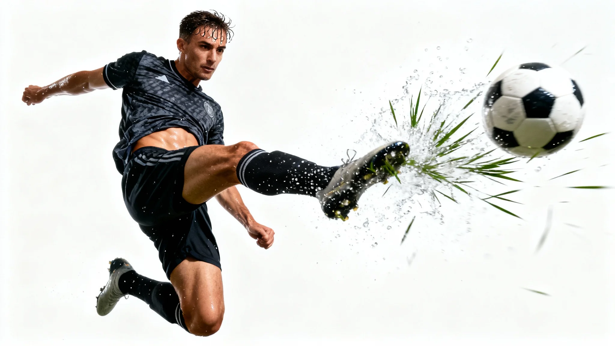 A high-speed sports photograph of a soccer player mid-kick, suspended in the air and striking a ball with force against a clean white background.