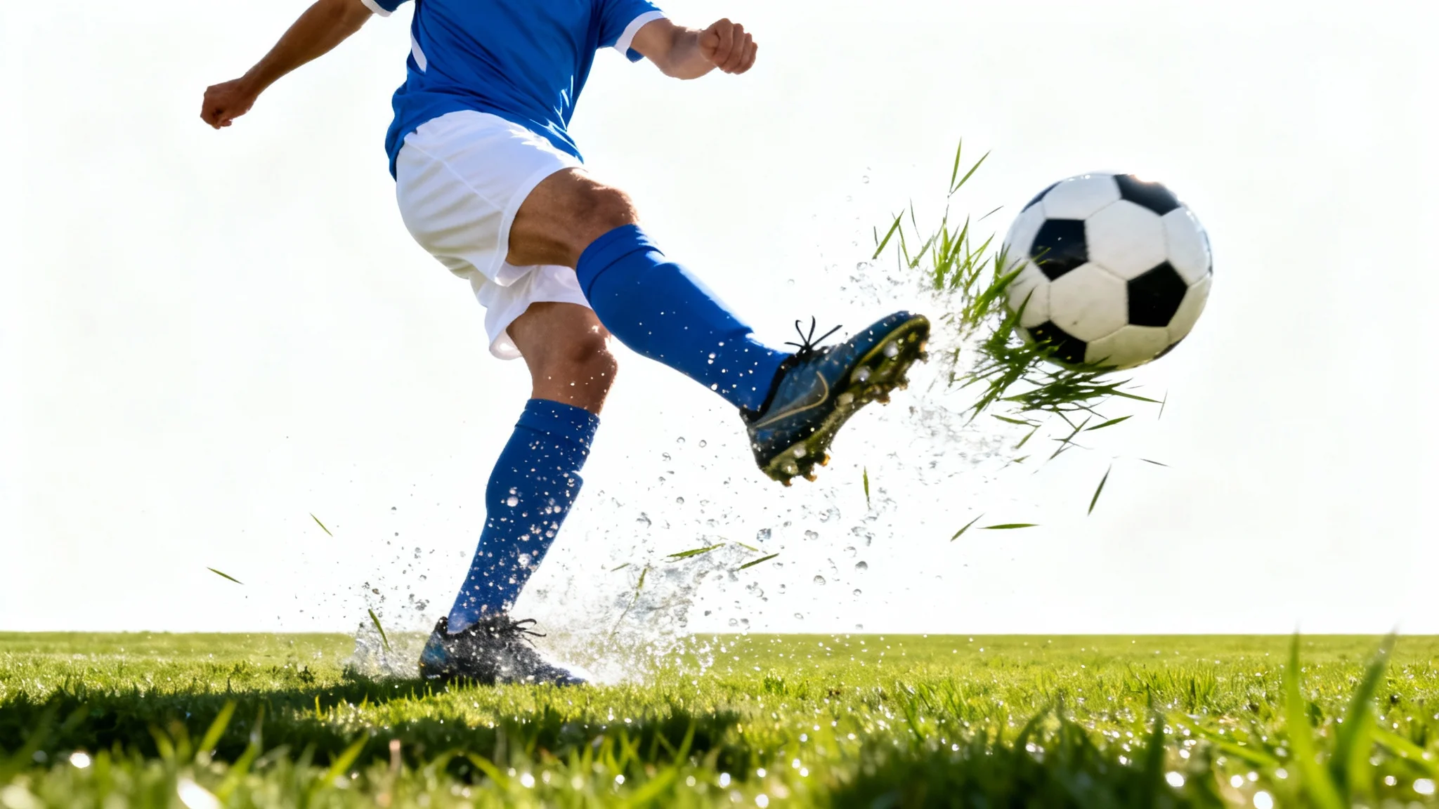 A close-up, dynamic action shot of a soccer player kicking a ball, with grass and water flying, isolated against a clean white background.