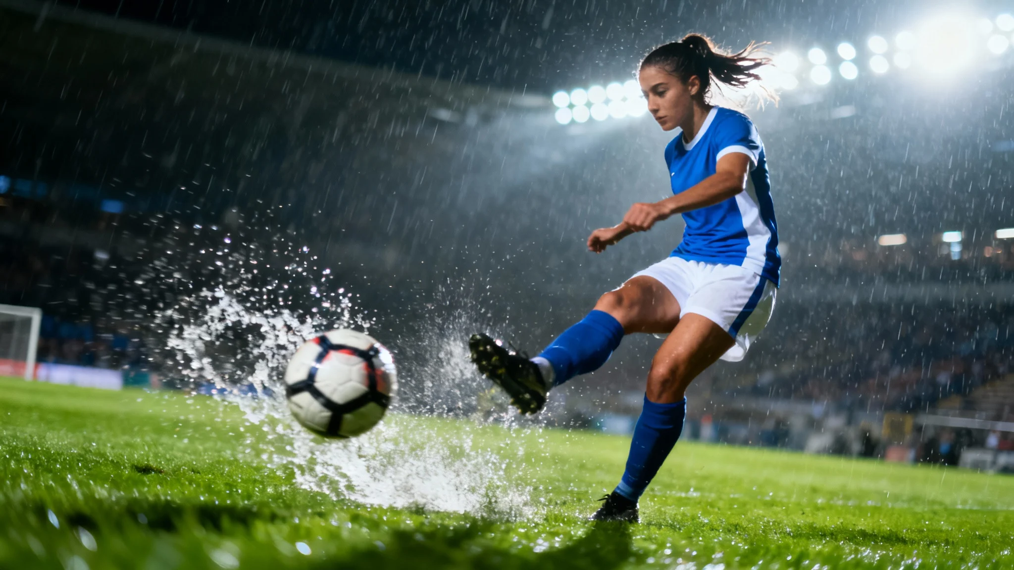 A professional, high-speed sports photograph of a female soccer player in a blue and white jersey kicking a soccer ball on a rainy field, with water dramatically spraying from the ball on impact.