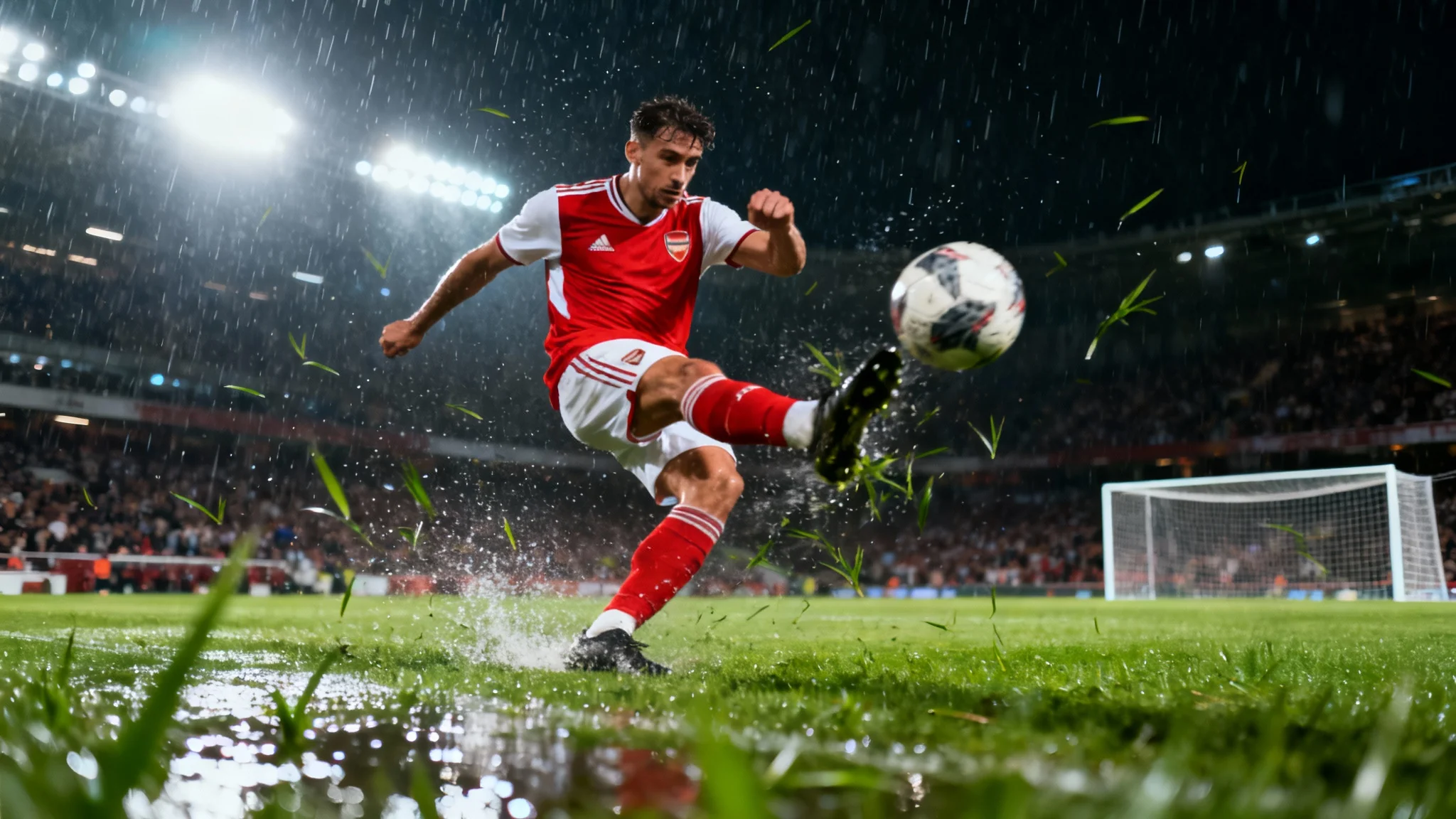 A dramatic, low-angle action shot of a soccer player in a red uniform kicking a ball on a wet field at night, sending a large splash of water into the air under bright stadium lights.