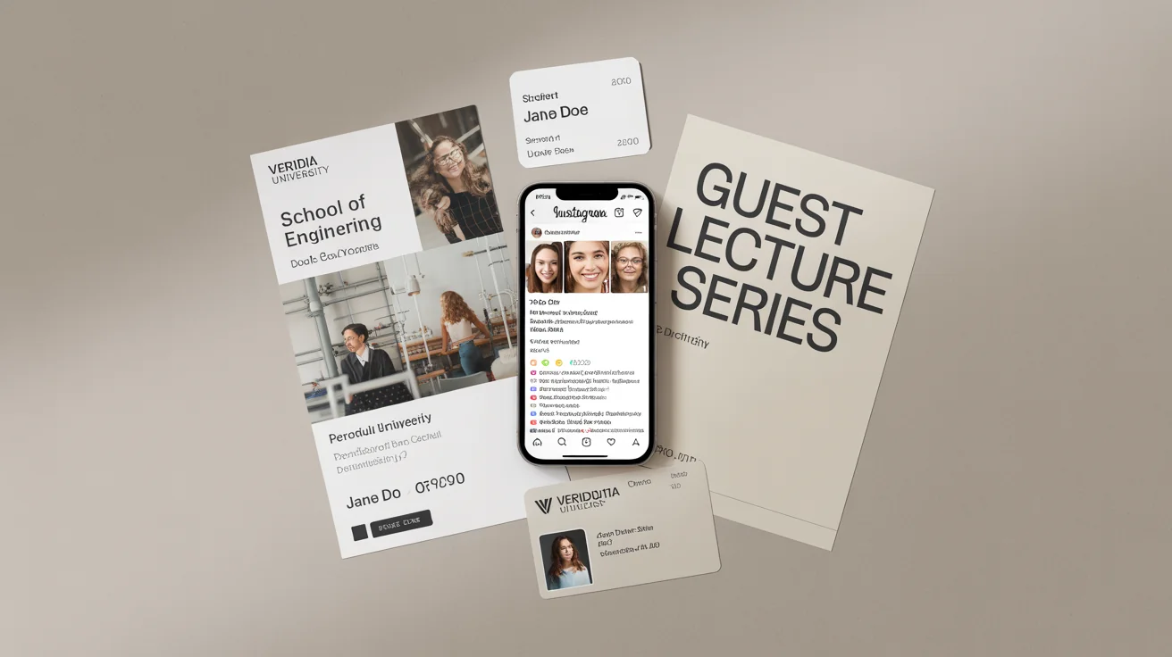 A professionally designed flat lay of university materials, including a smartphone with an open day social media post, a brochure for the engineering school, a student ID card, and a lecture series poster, all branded for 'Veridia University'.
