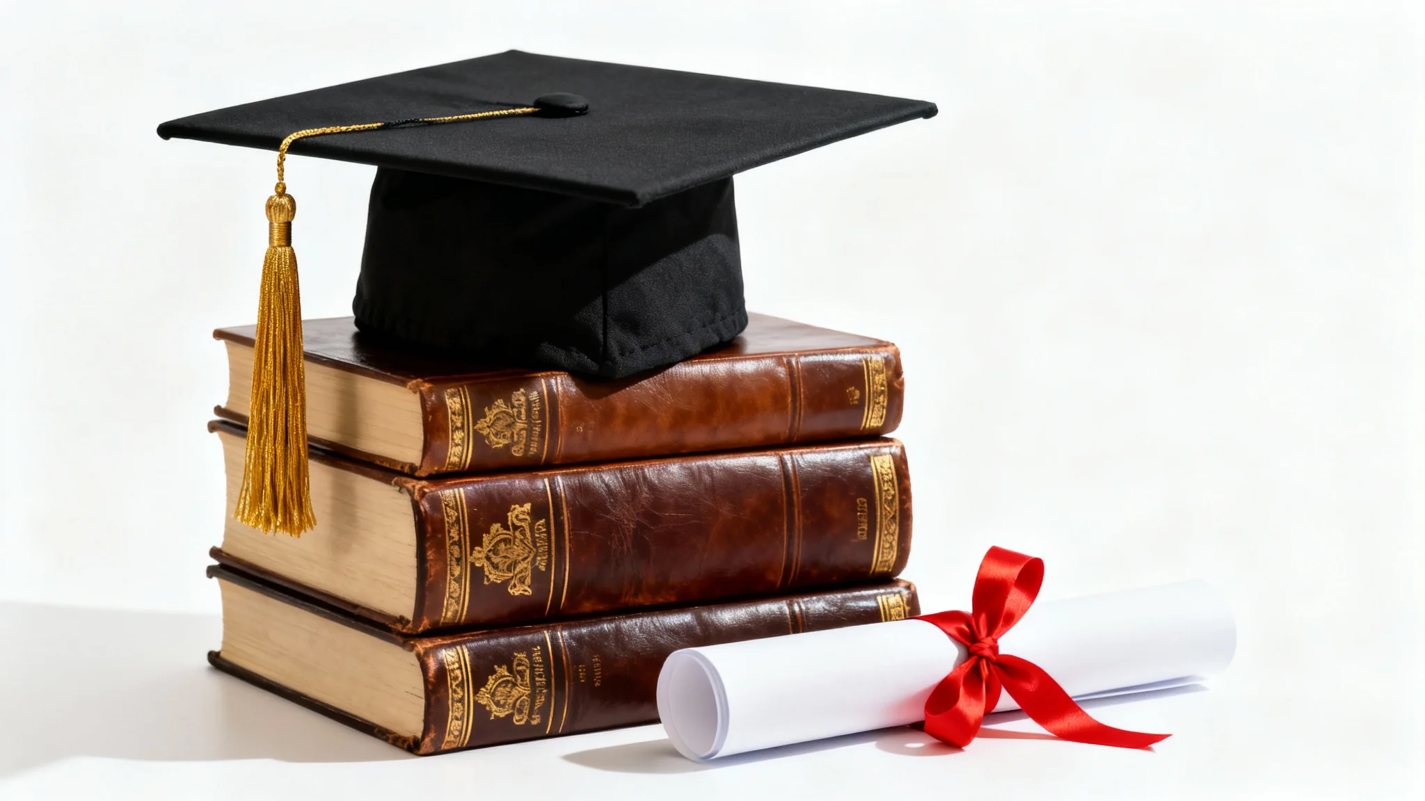 A symbolic image of university achievement featuring a stack of leather-bound books, a graduation cap, and a diploma scroll, all set against a clean white background.
