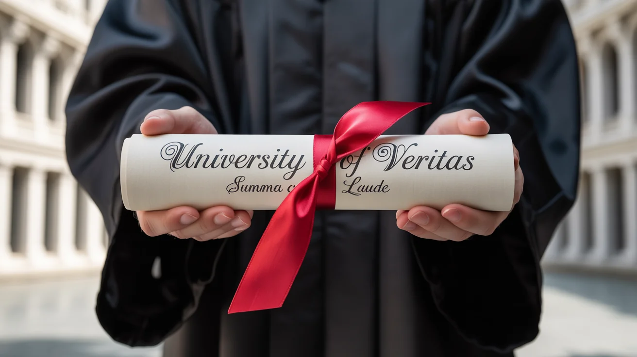 A close-up image of hands in a graduation gown holding a rolled-up university diploma tied with a red ribbon, symbolizing academic success.