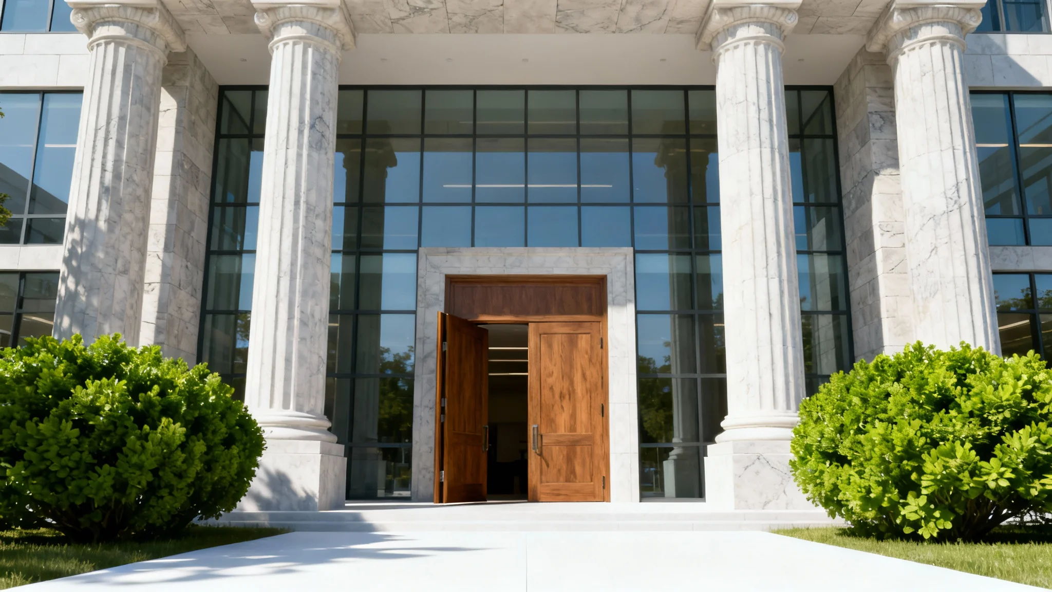 A photorealistic image of the grand entrance of a modern university building, featuring classical columns and glass walls, set against a plain white background.