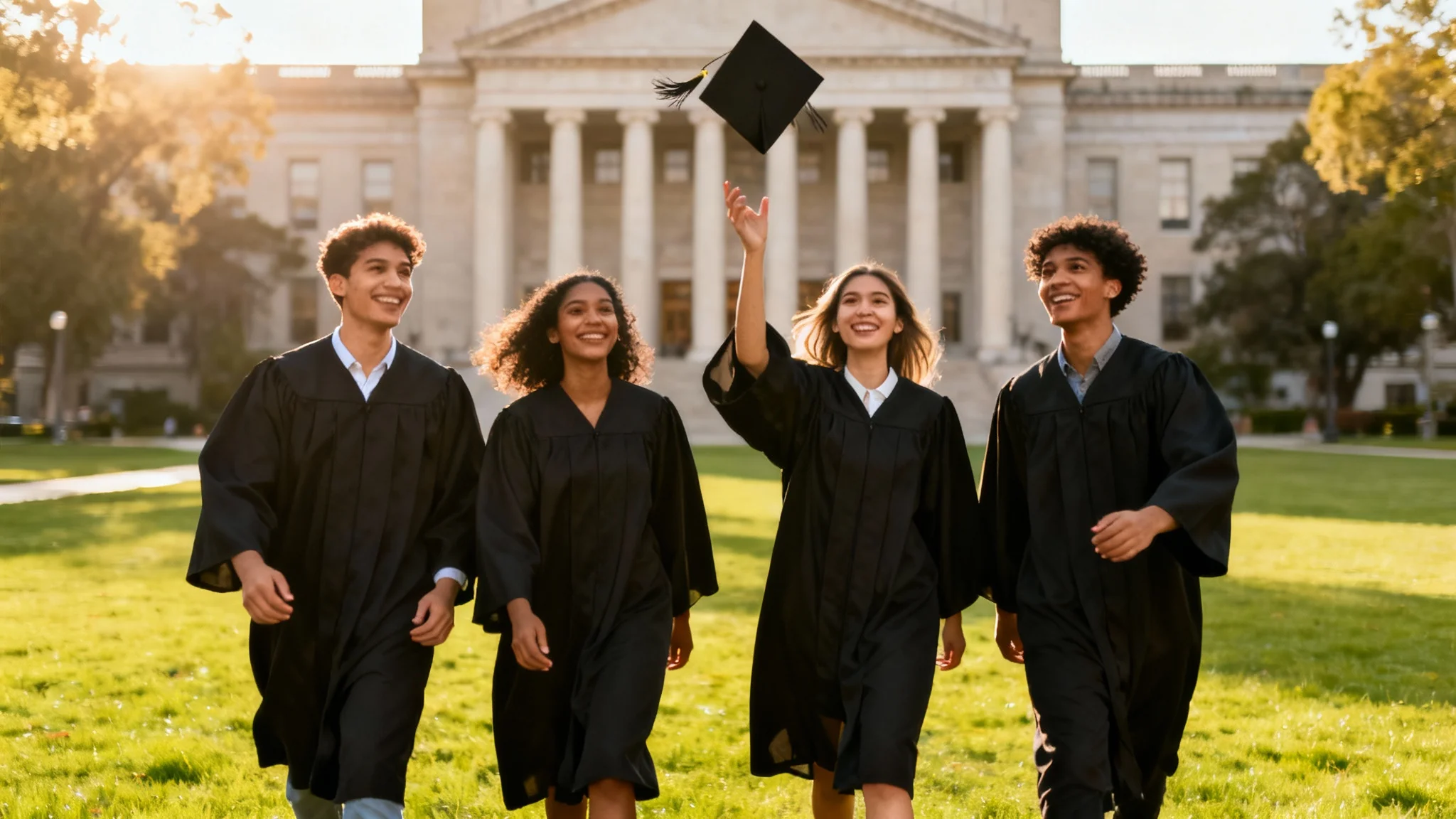 A diverse group of university graduates in black gowns smiling and celebrating on their campus lawn, with one student tossing a cap in the air.