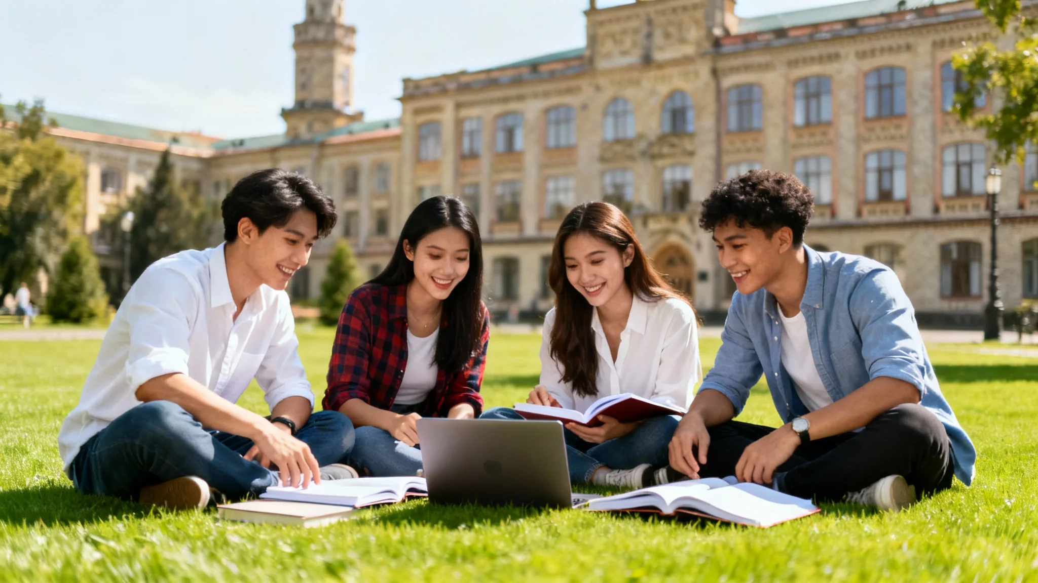 A diverse group of four university students smiling and studying together on a sunny campus lawn, with an elegant academic building softly blurred in the background.