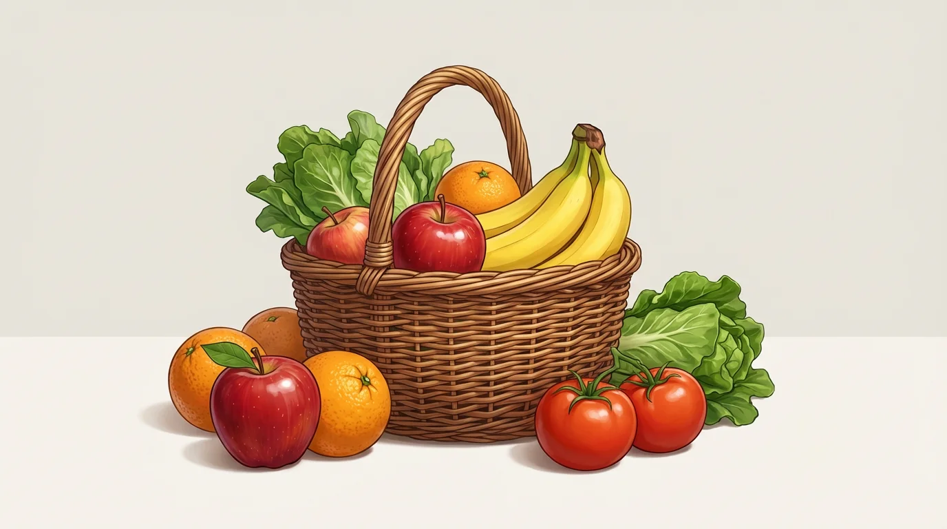 A polished digital illustration of a rustic basket filled with colorful fruits and vegetables, set against a clean, neutral background.