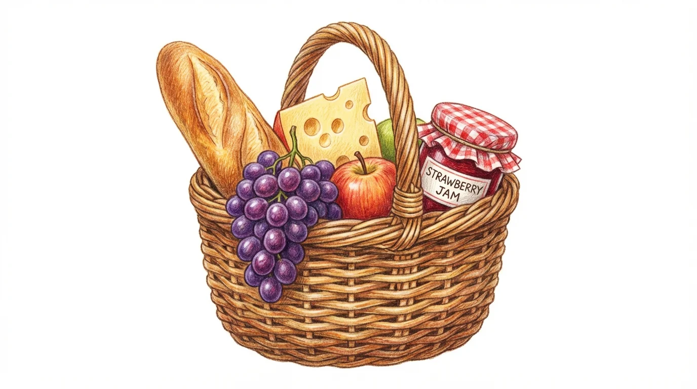 A detailed colored pencil drawing of a wicker food basket filled with a baguette, cheese, grapes, an apple, and a jar of jam, all on a white background.