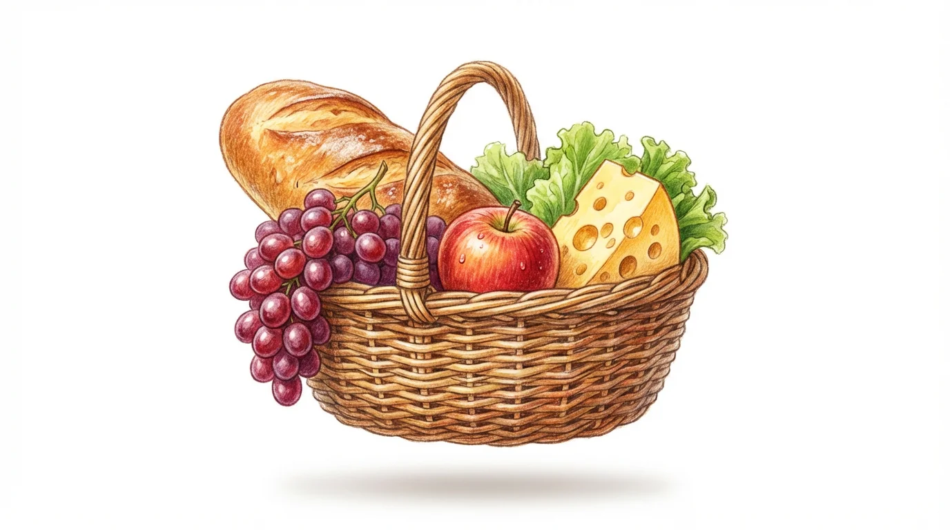 A stylized drawing of a wicker basket filled with bread, grapes, an apple, and cheese, presented as a mockup on a clean white background.