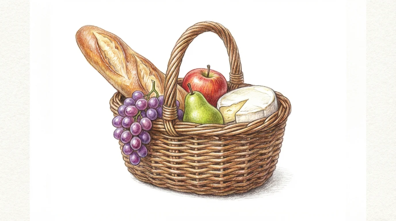 A colored pencil illustration of a wicker food basket filled with a baguette, grapes, an apple, a pear, and cheese, all set against a plain white background.