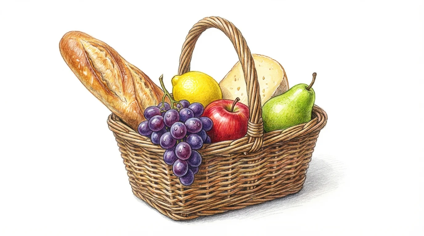 A detailed color drawing of a rustic wicker basket filled with fresh food, including a baguette, grapes, an apple, a lemon, and cheese, set against a plain white background.