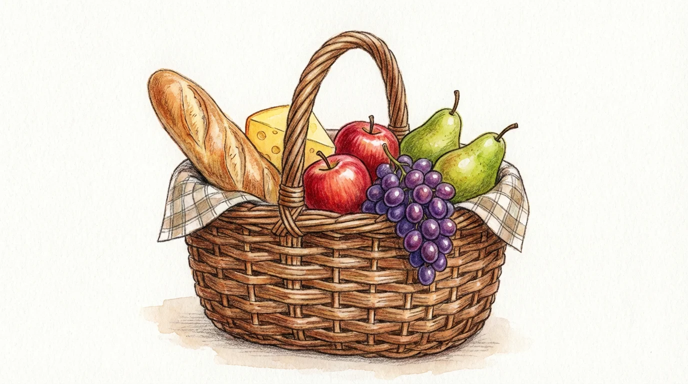 A colored pencil and watercolor drawing of a wicker food basket filled with a baguette, cheese, apples, and grapes, isolated on a white background.
