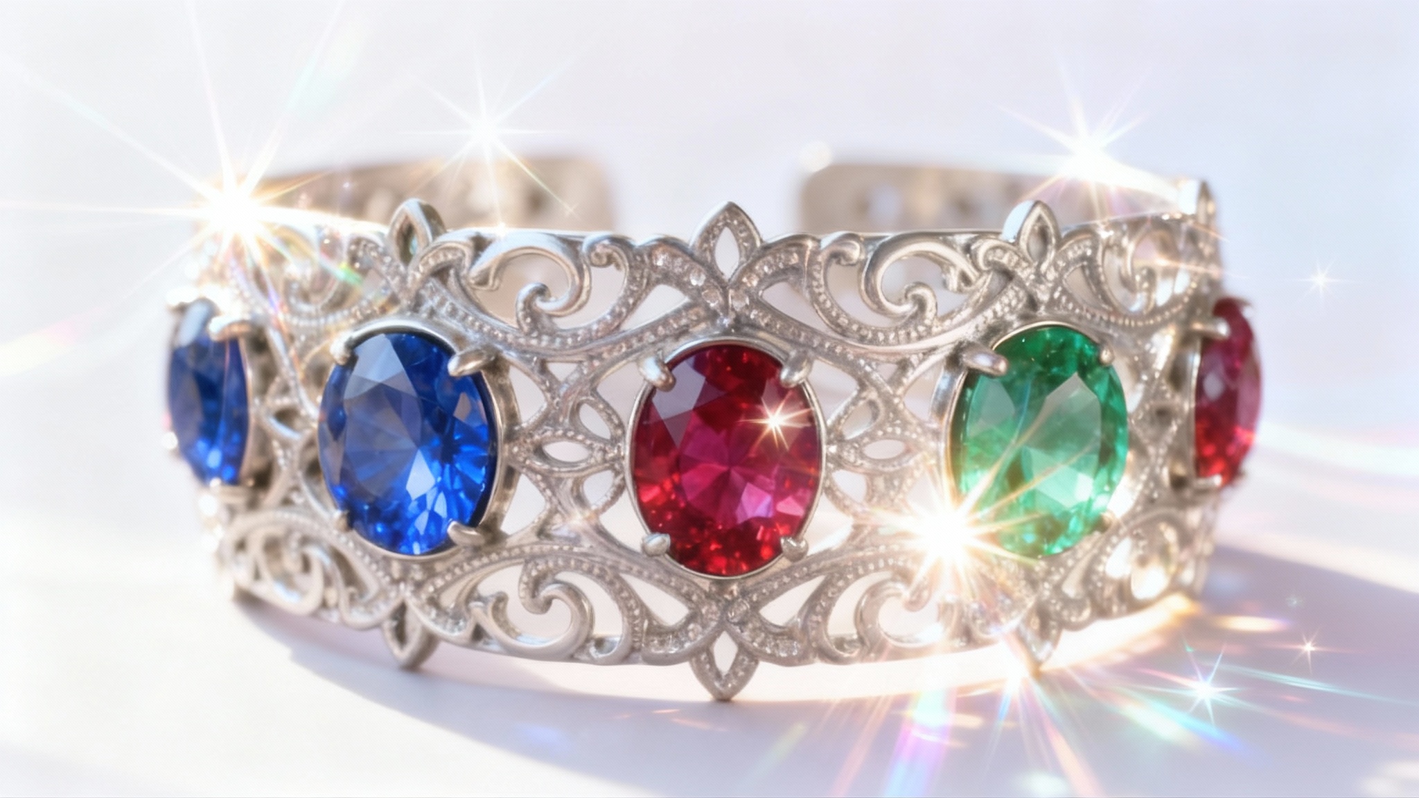 A close-up hero image of a silver bracelet with colorful gems, enhanced with a dramatic digital sparkle and glint effect to make it look exceptionally brilliant.