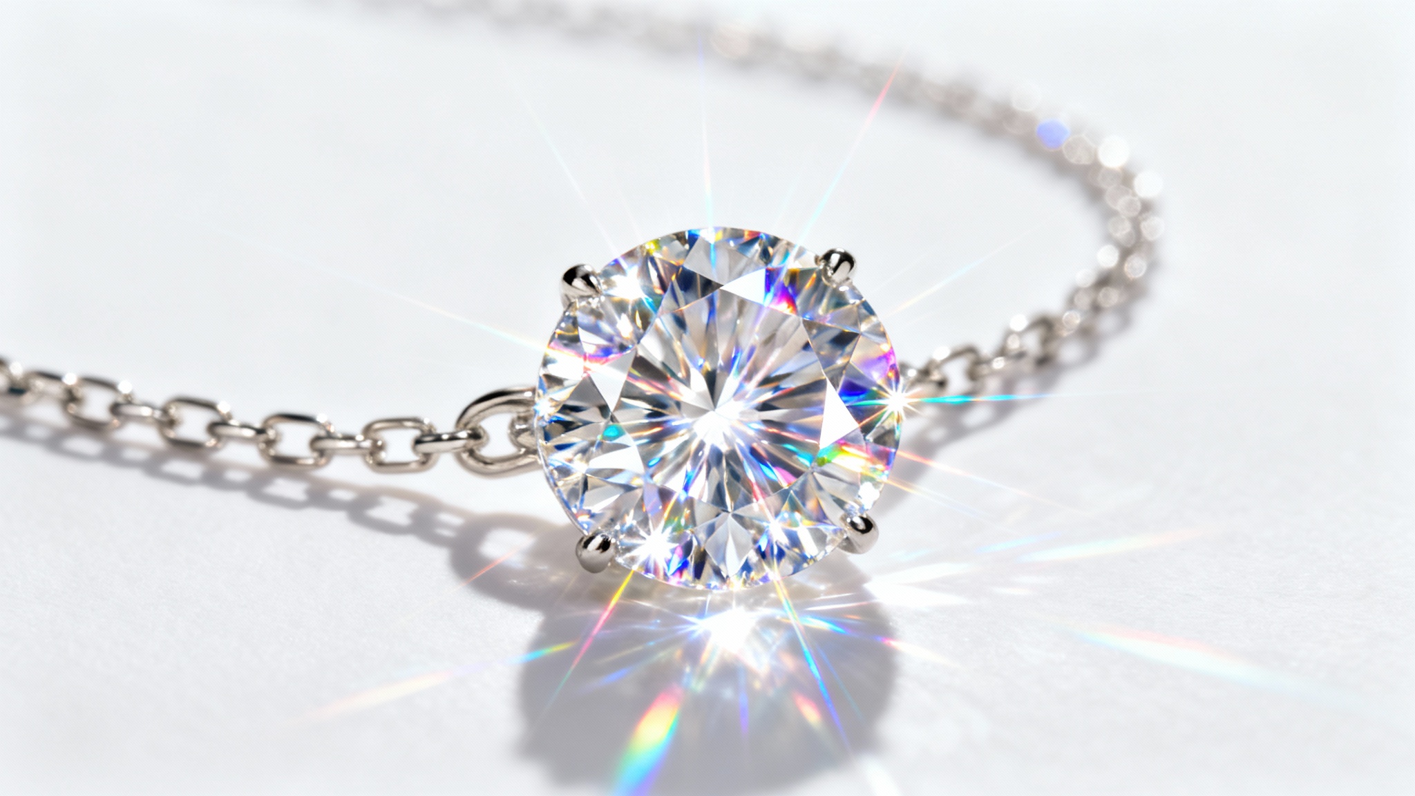 An extreme close-up of a diamond necklace showcasing a brilliant sparkle effect, with light refracting through the facets of the main diamond against a clean white background.