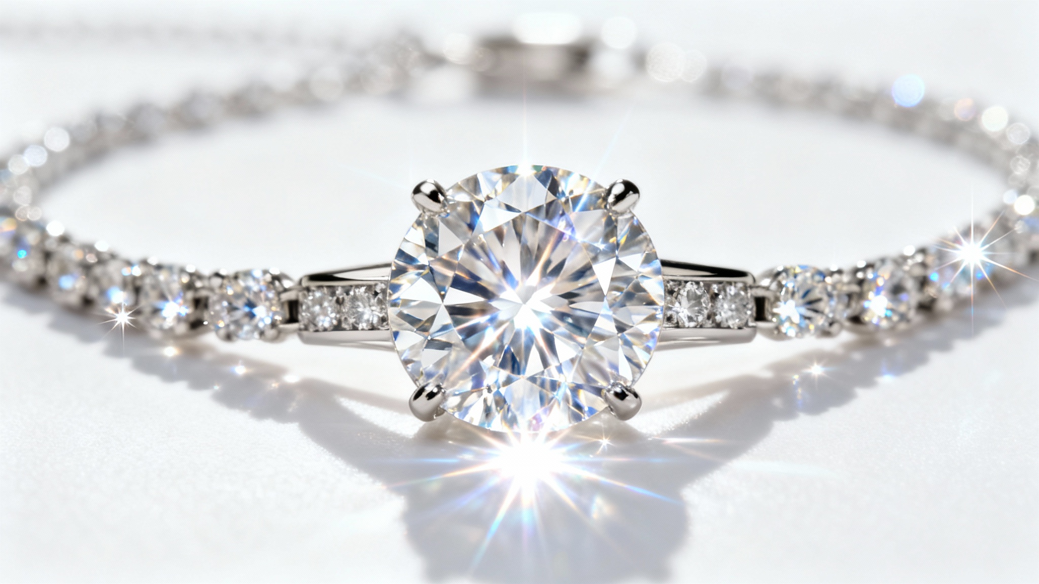 A hyper-realistic studio photograph of a diamond necklace on a white background, enhanced with a bright, digital sparkle effect that makes the central diamond shine brilliantly.