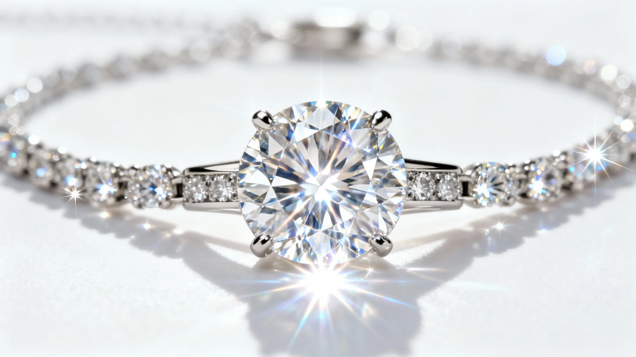 A hyper-realistic studio photograph of a diamond necklace on a white background, enhanced with a bright, digital sparkle effect that makes the central diamond shine brilliantly.