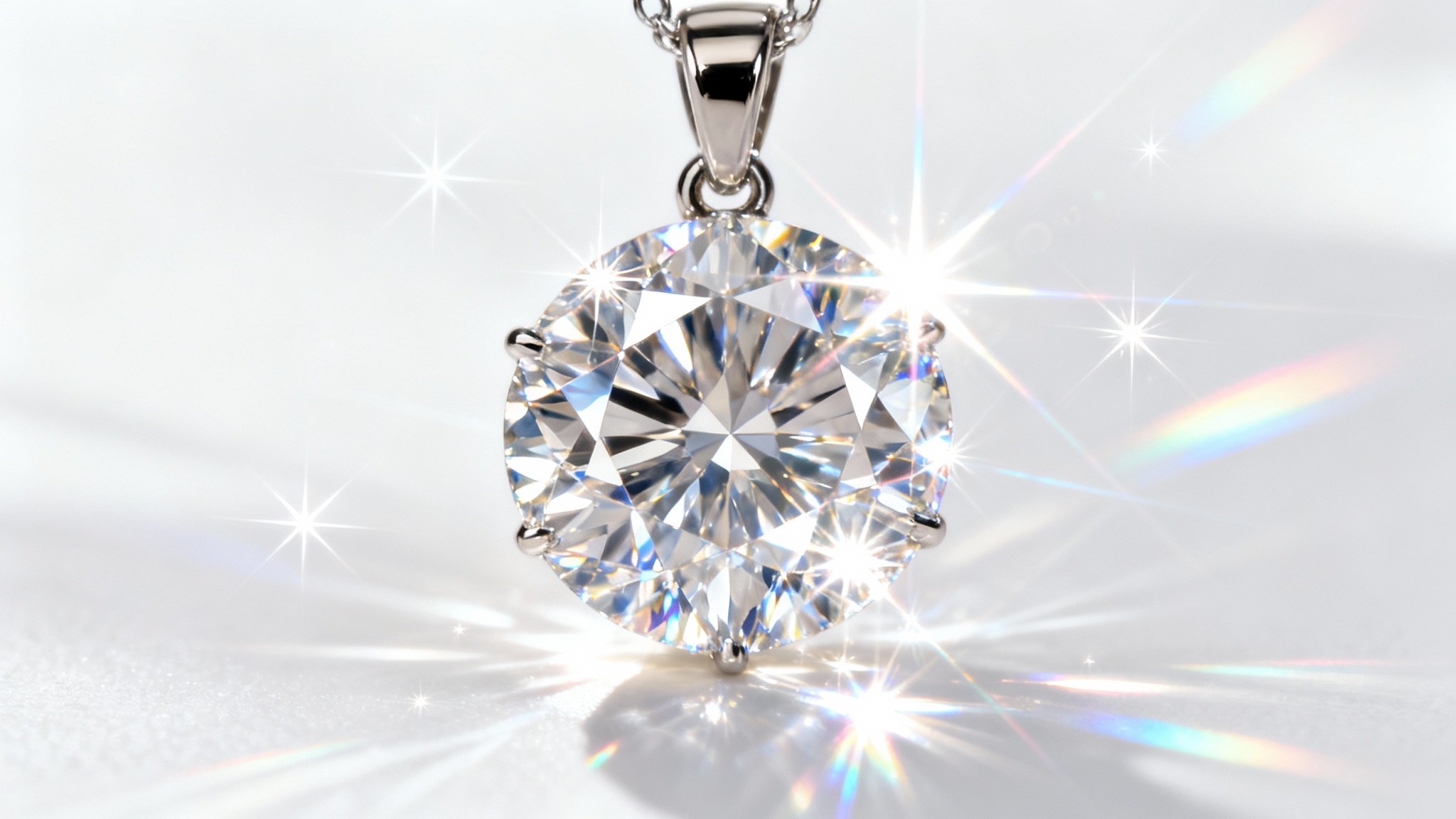A hyper-realistic macro shot of a diamond pendant on a white background, with dramatic, magical sparkles and light flares emanating from the gem.