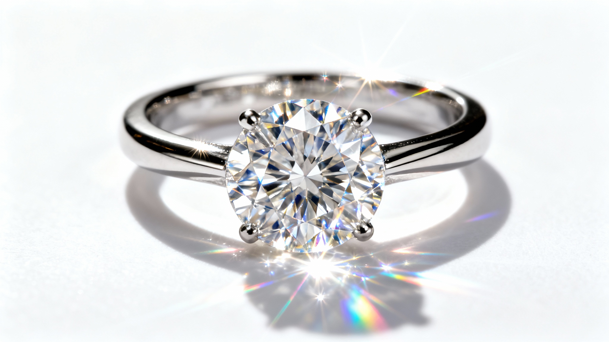 A close-up photograph of a diamond ring on a white background, with brilliant, magical sparkles and light flares radiating from the gemstone.