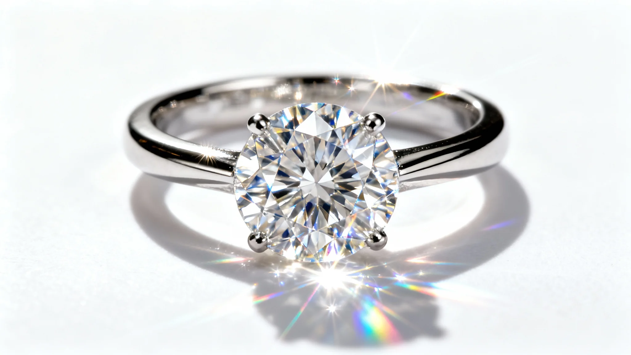 A close-up photograph of a diamond ring on a white background, with brilliant, magical sparkles and light flares radiating from the gemstone.