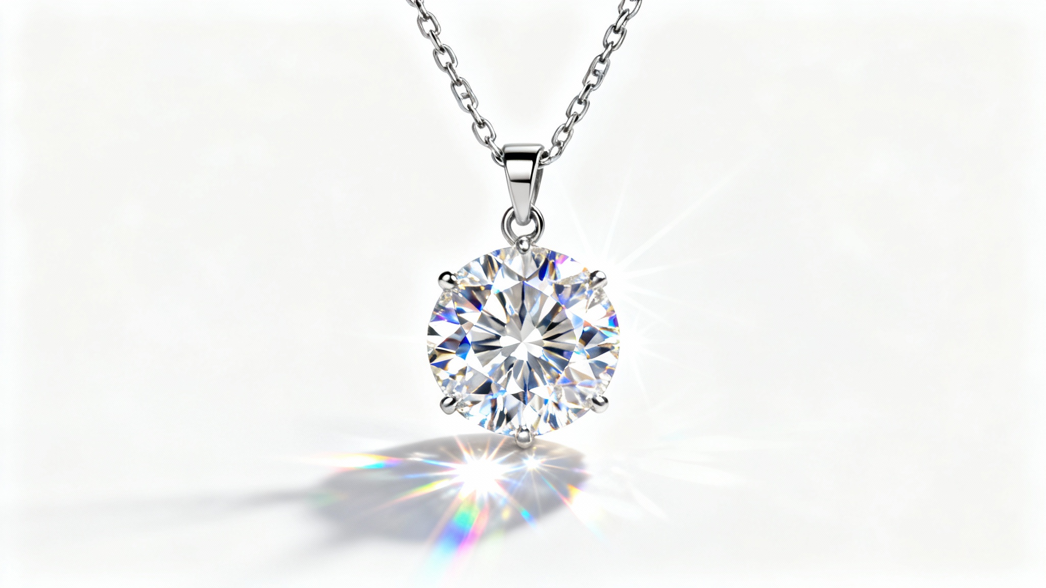 A hyper-realistic, close-up image of a diamond necklace pendant sparkling brightly with rainbow light refractions against a clean white background.