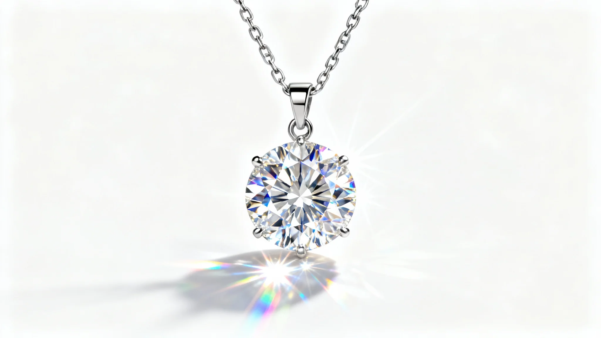 A hyper-realistic, close-up image of a diamond necklace pendant sparkling brightly with rainbow light refractions against a clean white background.