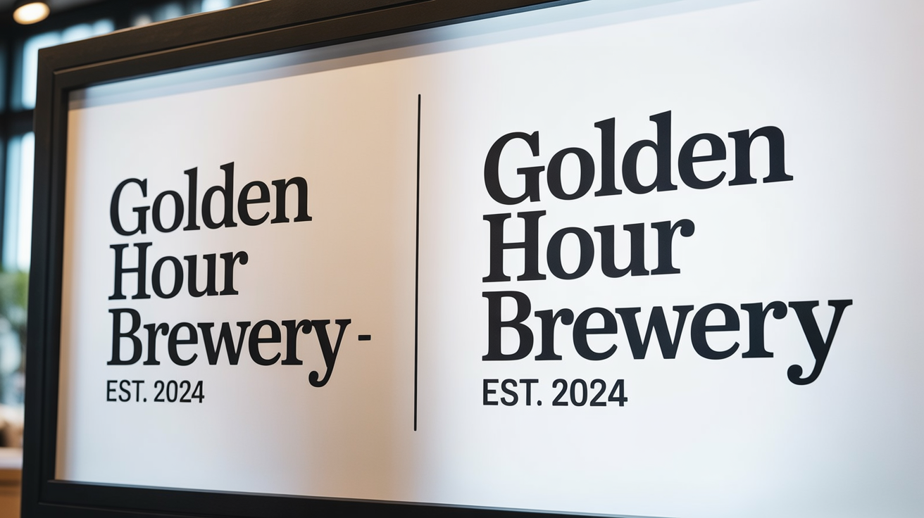 A before-and-after comparison of a font replacement. The left side shows 'Golden Hour Brewery' in a plain font, while the right side shows the same text in an elegant, upgraded serif font, demonstrating the tool's capability.