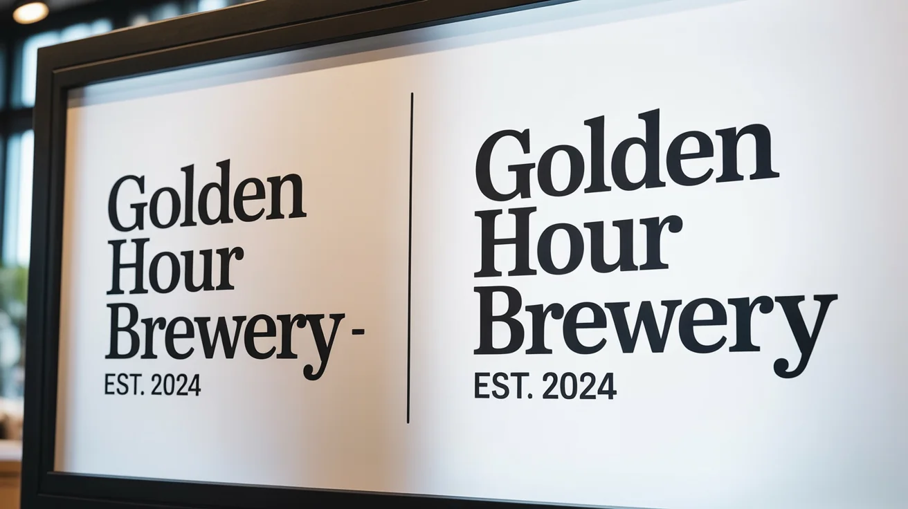 A before-and-after comparison of a font replacement. The left side shows 'Golden Hour Brewery' in a plain font, while the right side shows the same text in an elegant, upgraded serif font, demonstrating the tool's capability.