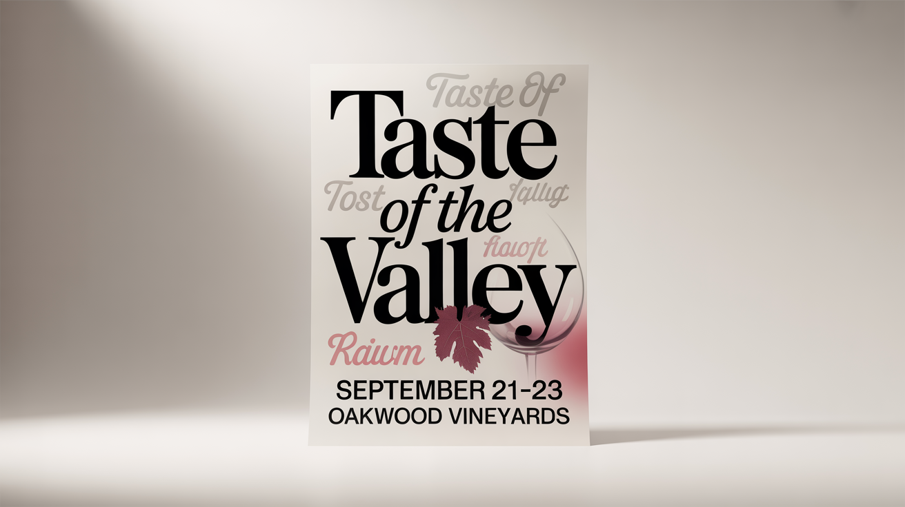 A modern poster for a food and wine festival that reads 'Taste of the Valley', illustrating the concept of font replacement with several alternative font styles ghosted over the main text.