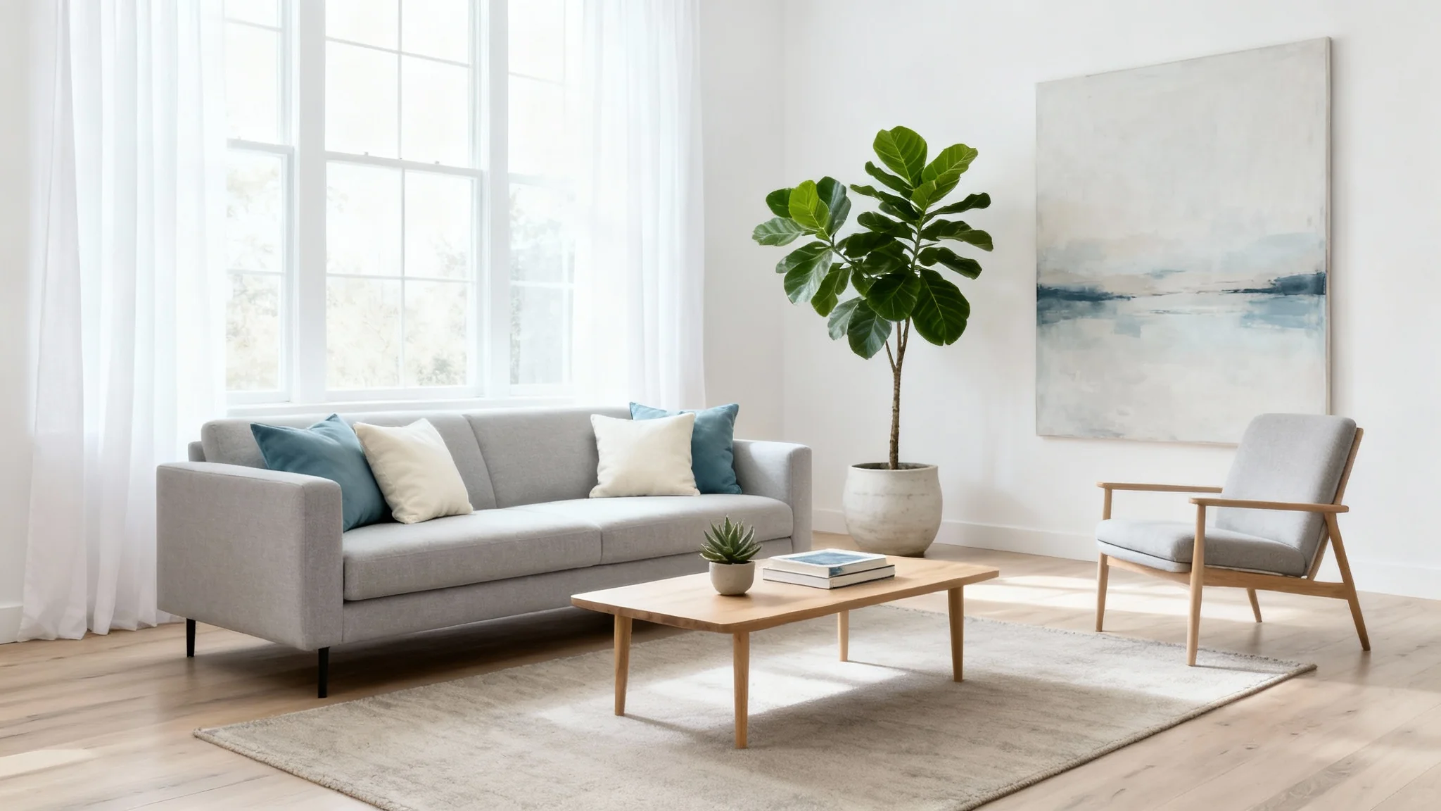 A beautifully staged, bright, and airy modern living room with neutral-colored furniture, a large window with natural light, and tasteful decor, showcasing professional home staging.